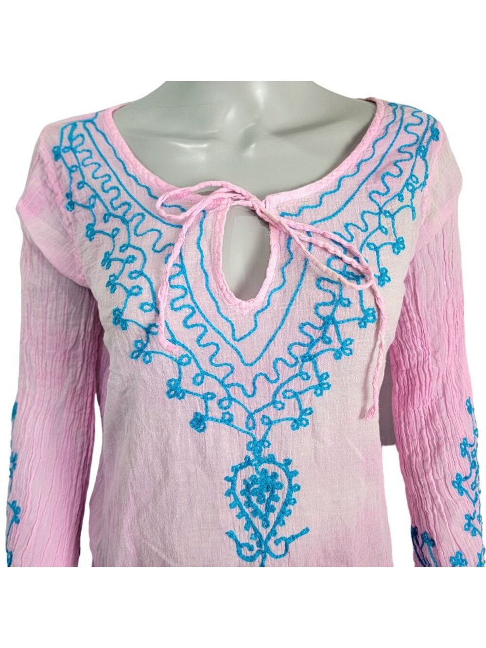 Bohemian Embroidered Tunic Shirt Women XL Pink Blue Boho Swim Cover Dress Top L